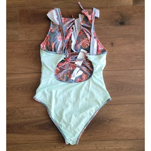 CUPSHE Womens L Ruffled One Piece Swimsuit V Neck Lace Up Floral Flirty Beach - Picture 7 of 13